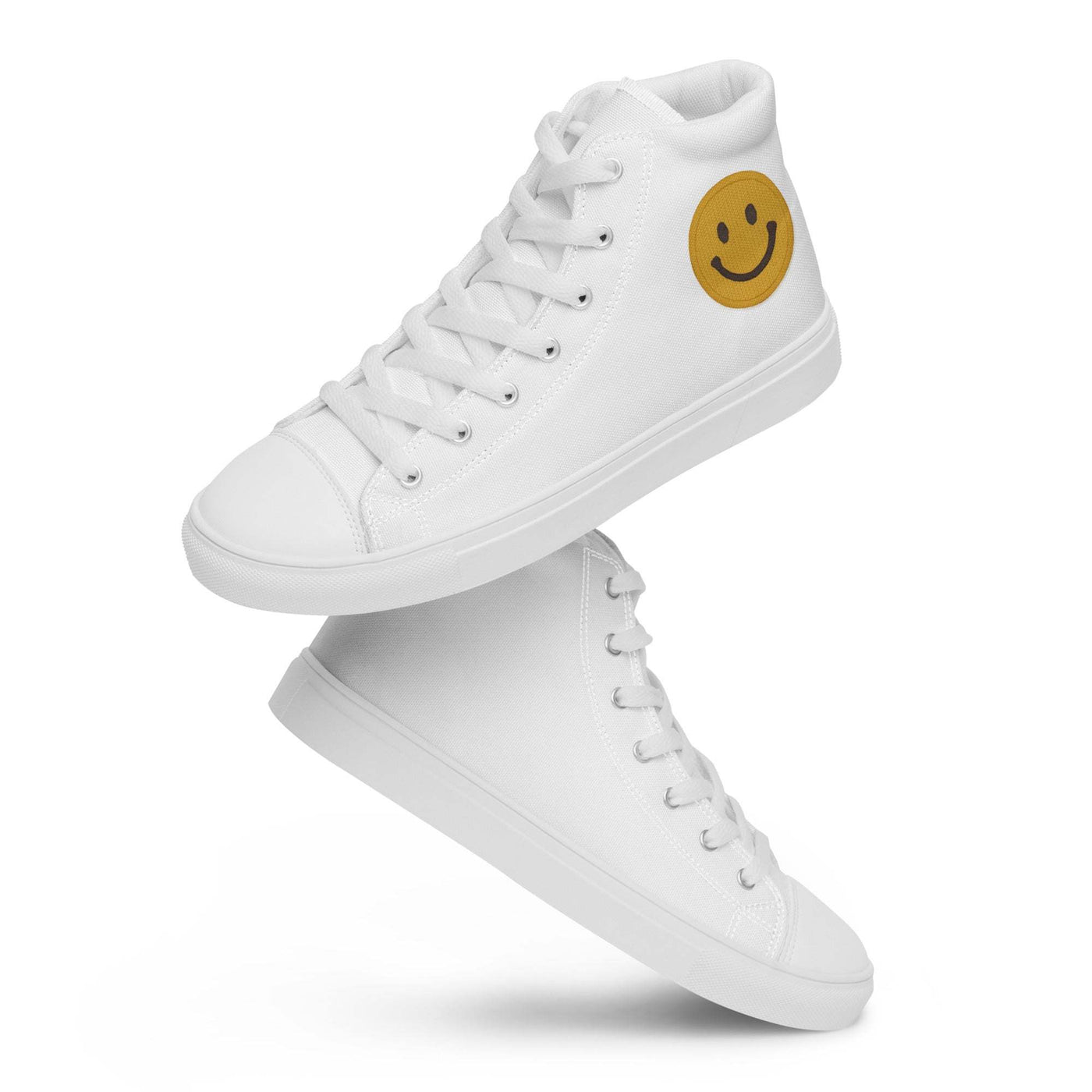 White men's high top canvas shoes with lace-up front and smiley face logo on the side