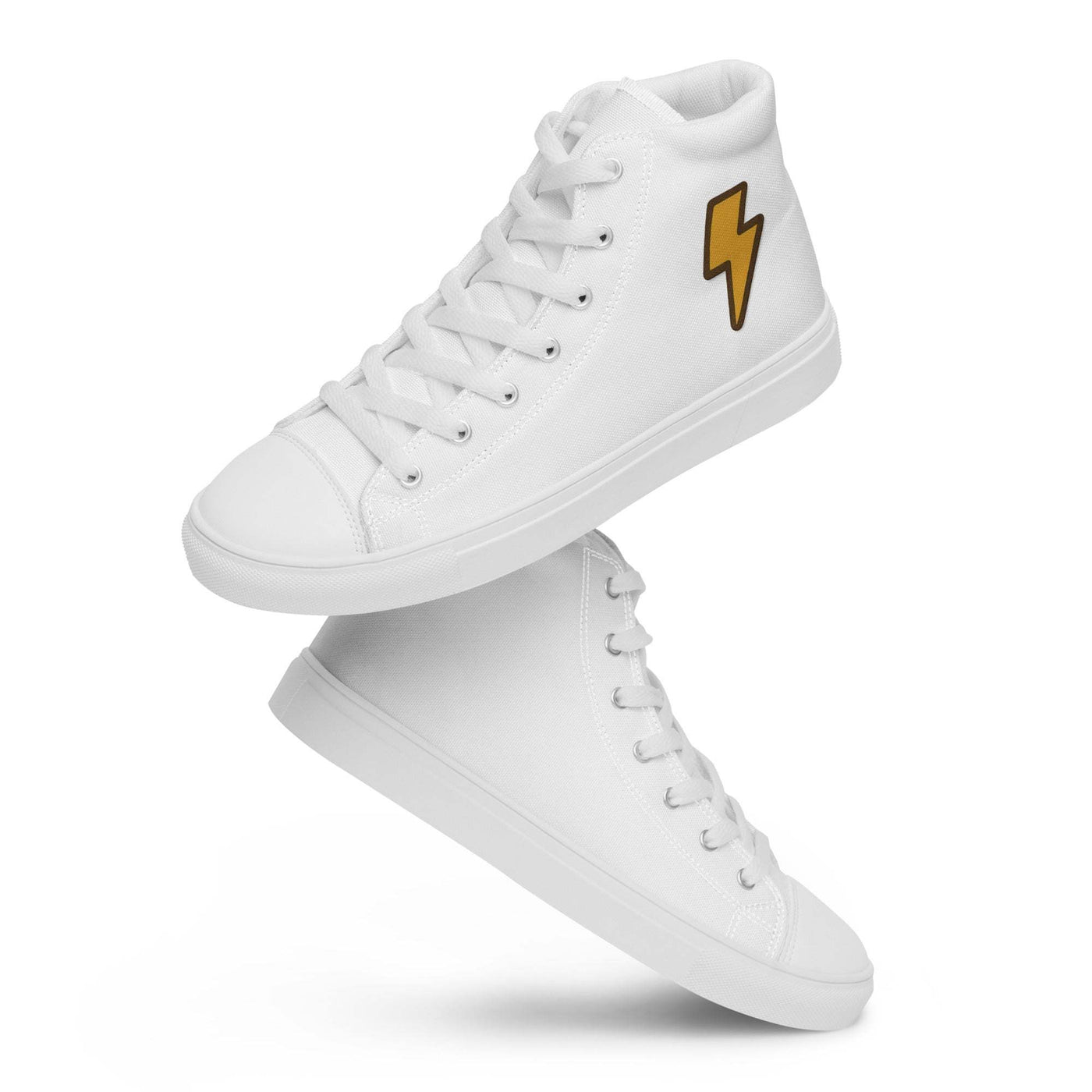 White men's high top canvas shoes with lace-up front and yellow lightning bolt design