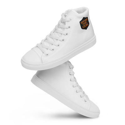 Men’s high top white canvas shoes with lace-up front and "Support Your Local" badge on the side