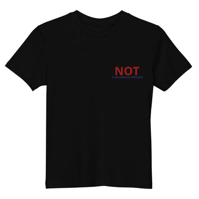 Black organic cotton kids t-shirt with "NOT A MORNING PERSON" printed in red and blue on the chest
