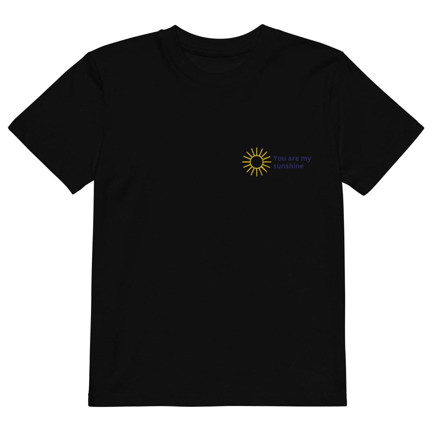 Black organic cotton kids t-shirt with "You are my sunshine" sun graphic and text on front
