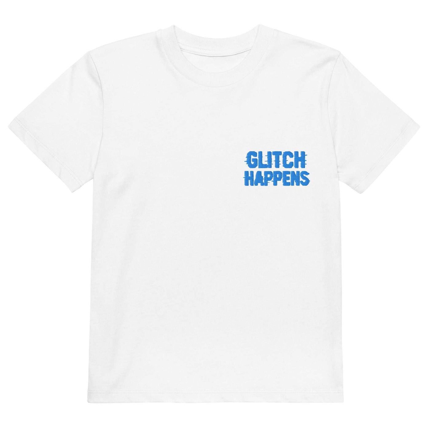 White organic cotton kids t-shirt with blue "Glitch Happens" text on chest, made from 100% organic cotton, medium fit, comfortable and eco-friendly.