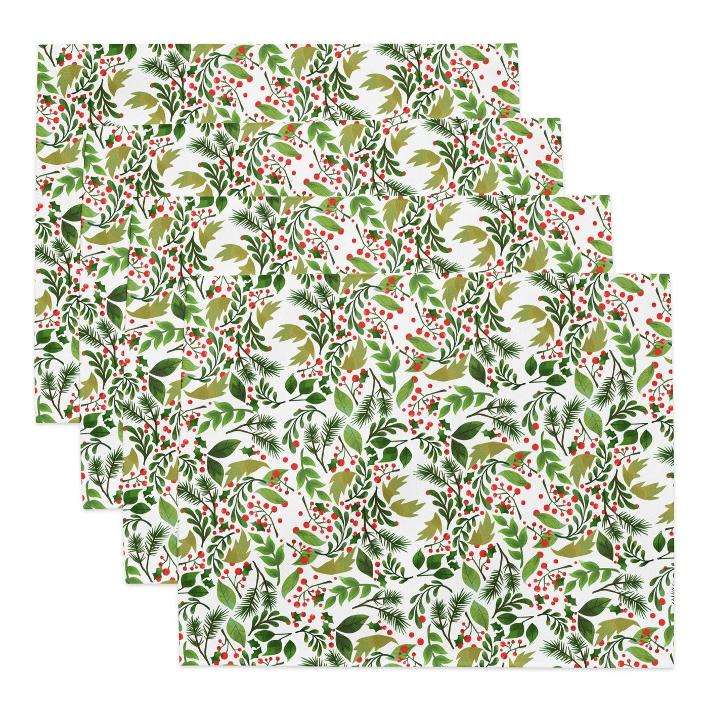 Set of four water-resistant placemats with festive green and red botanical pattern, 18x14 inches each