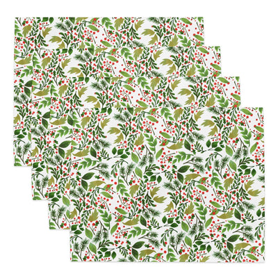 Set of four water-resistant placemats with festive green and red botanical pattern, 18x14 inches each