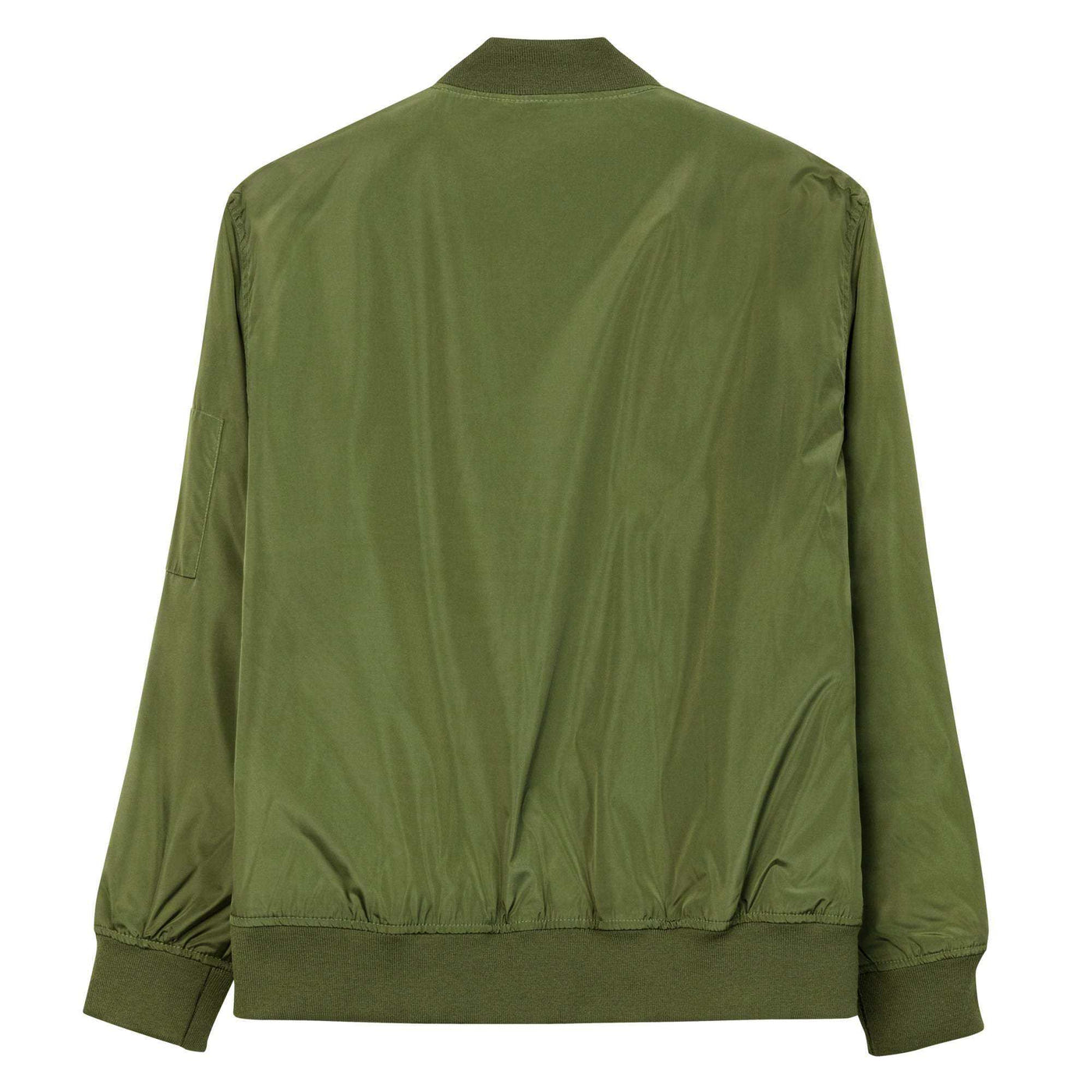olive green recycled bomber jacket with rib-knit cuffs and hem, utility sleeve pocket, and relaxed fit back view