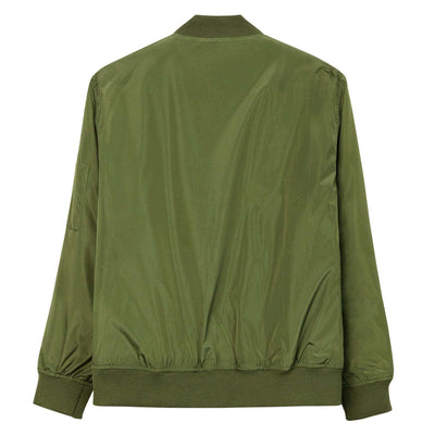 olive green recycled bomber jacket with rib-knit cuffs and hem, utility sleeve pocket, and relaxed fit back view