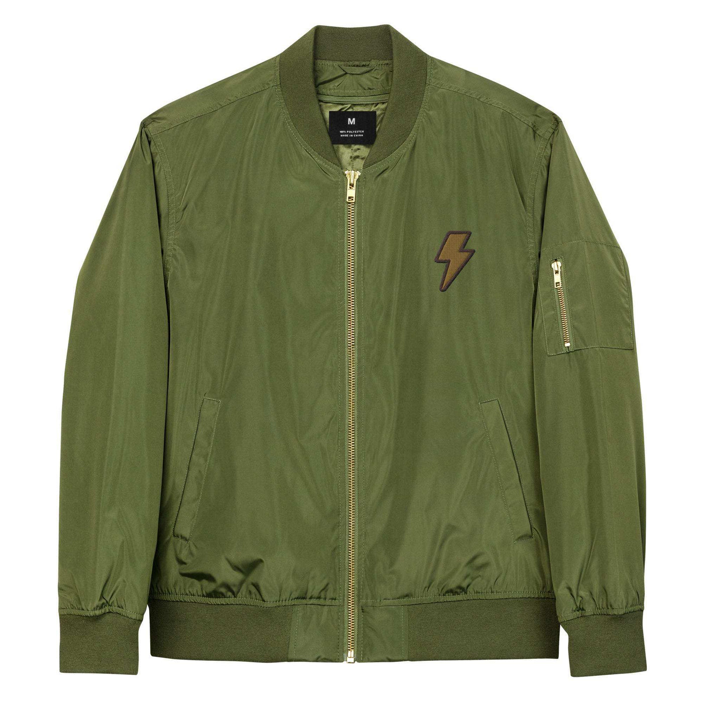 olive green recycled bomber jacket with utility sleeve pocket and rib-knit cuffs