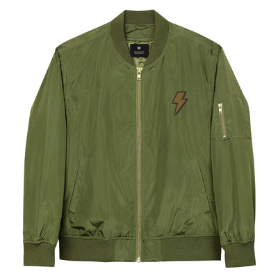 olive green recycled bomber jacket with utility sleeve pocket and rib-knit cuffs