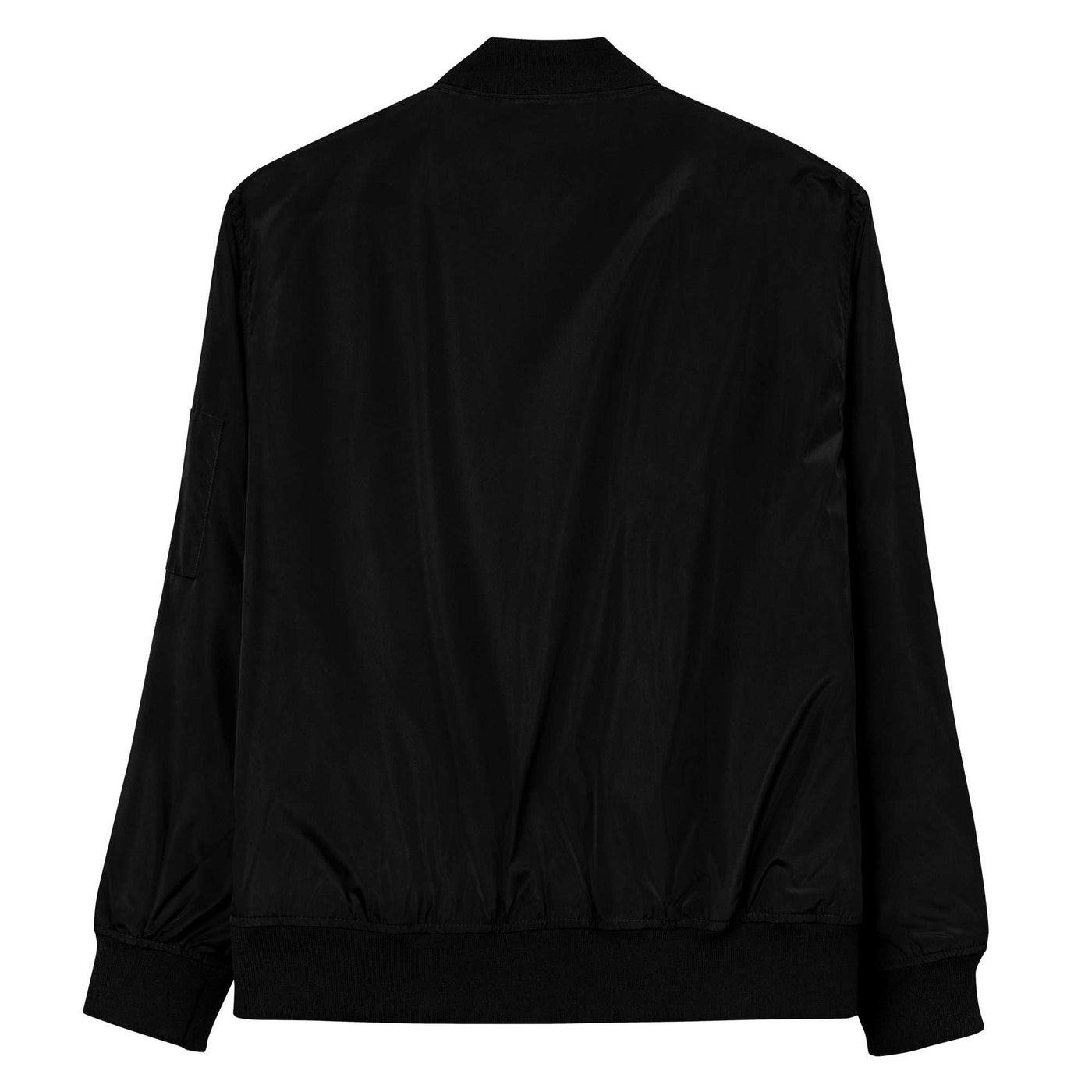 black premium recycled bomber jacket with utility sleeve pocket and rib-knit collar cuffs hem