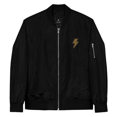 Black premium recycled bomber jacket with lightning bolt emblem and utility sleeve pocket