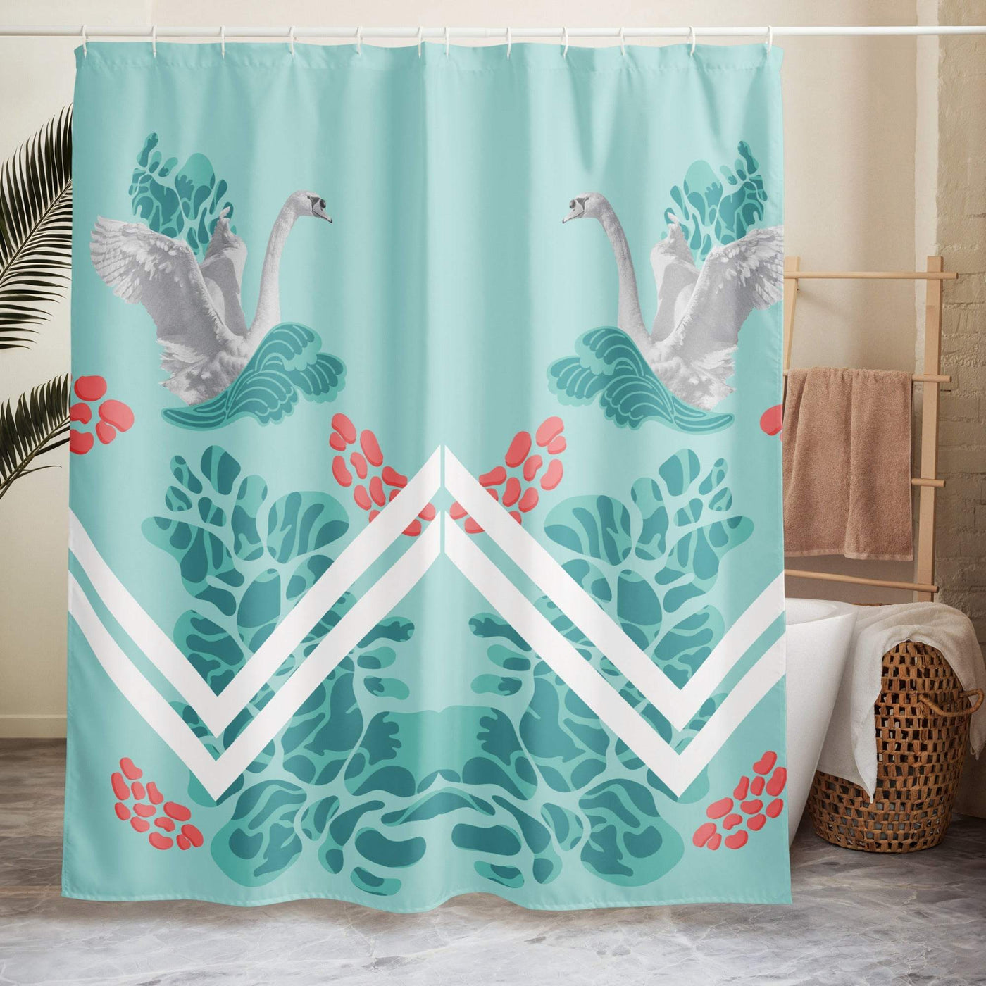 Aqua shower curtain with swan and leafy botanical design, water-resistant polyester, 71x74 inches.