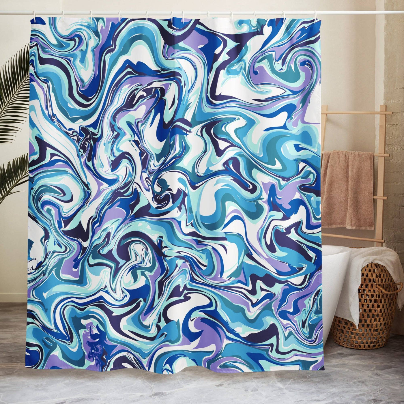 Swirled blue, white, and purple water-resistant polyester shower curtain with 12 eyelet holes, measuring 71 by 74 inches