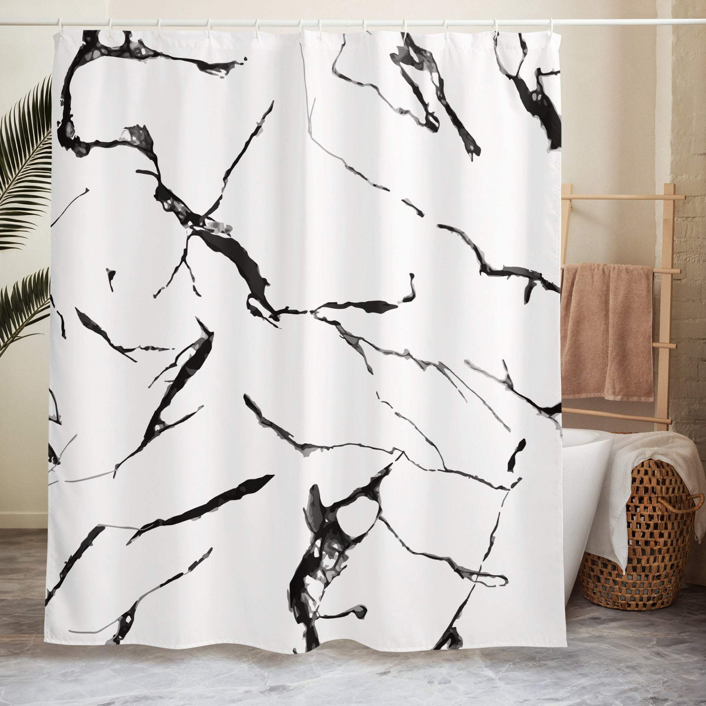 White shower curtain with black abstract marble pattern, water-resistant polyester, 71 by 74 inches