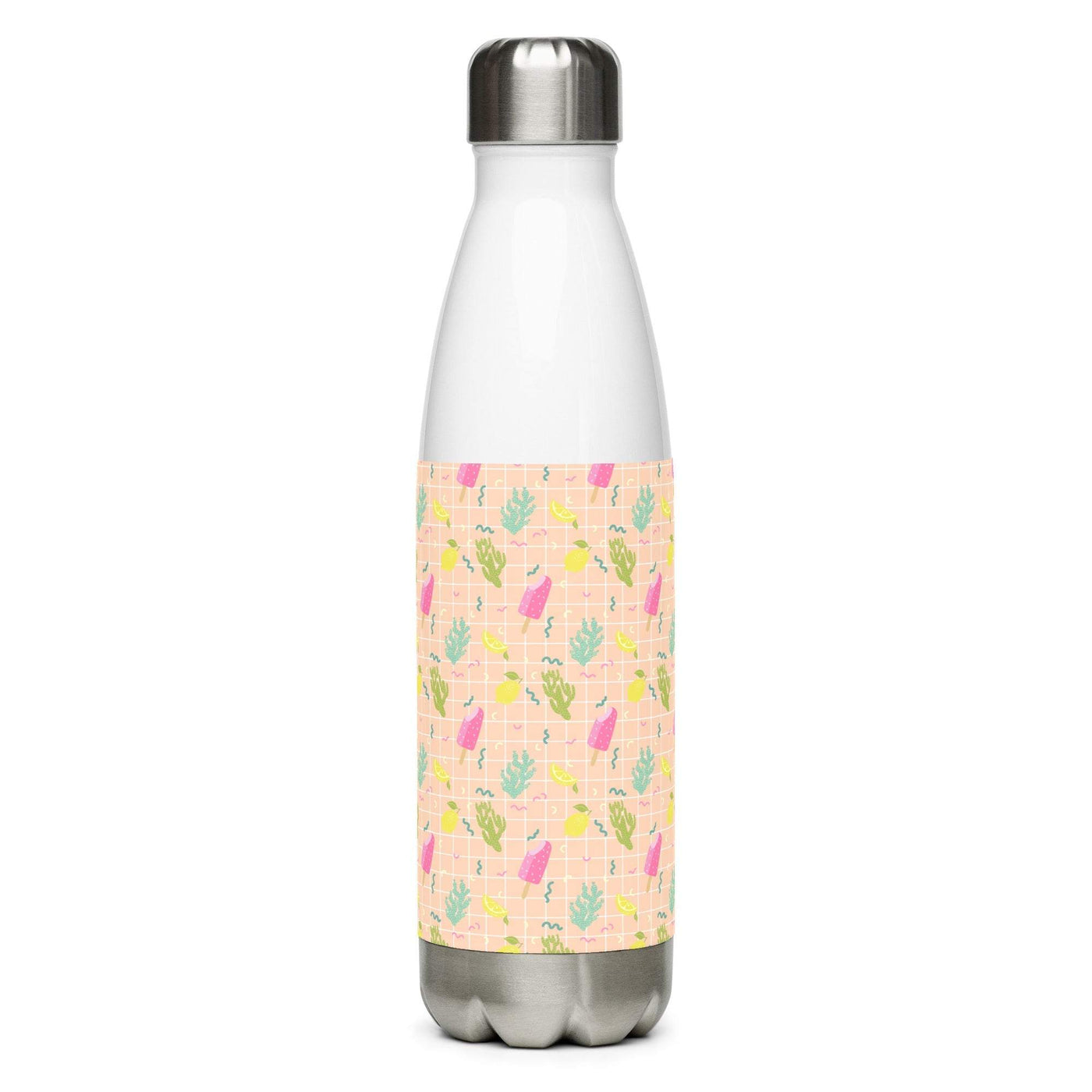 White stainless steel water bottle with colorful floral pattern and stainless steel cap
