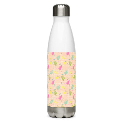 White stainless steel water bottle with colorful floral pattern and stainless steel cap