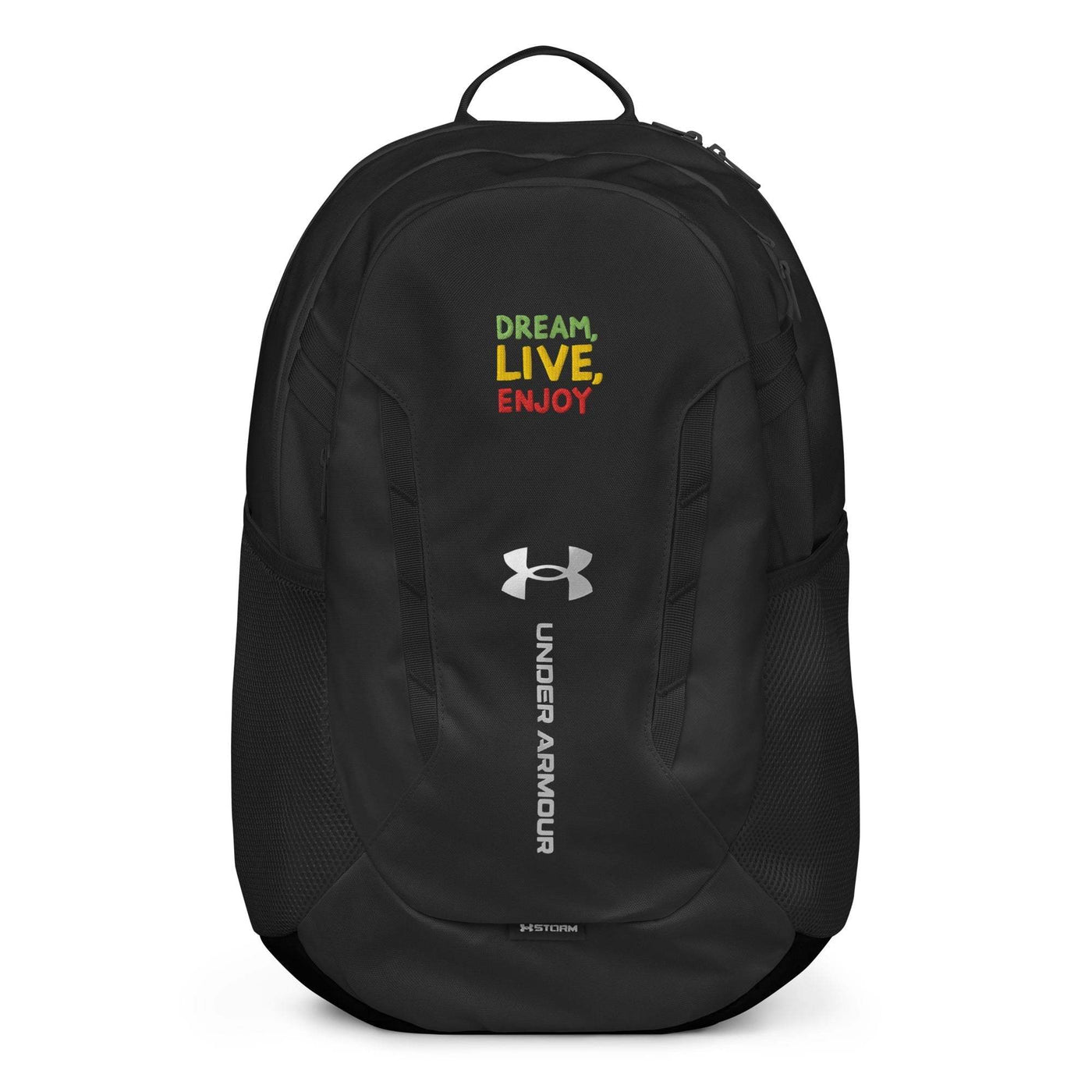 Black Under Armour Backpack with "Dream, Live, Enjoy" text, water-resistant fabric, soft-lined laptop sleeve, and balanced strap system.