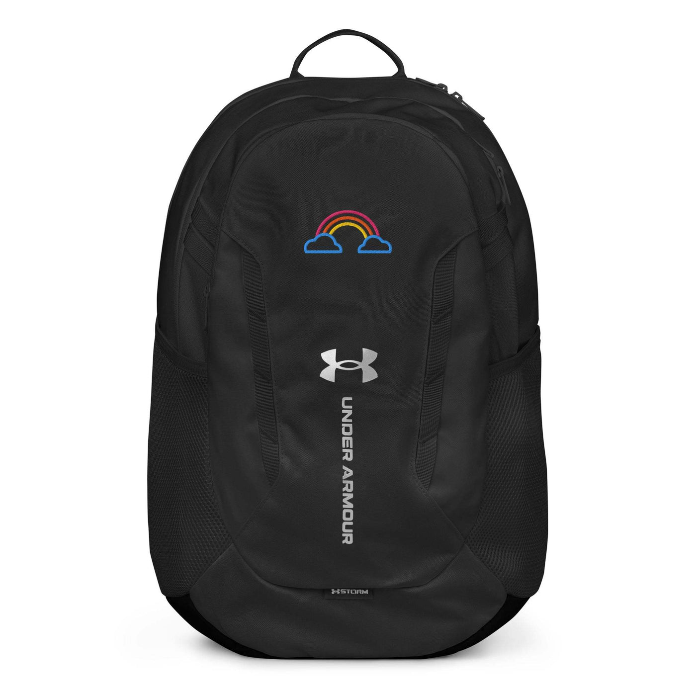 Black Under Armour® Backpack with water-resistant fabric, soft-lined laptop sleeve, side bottle pockets, and balanced strap system for comfort.