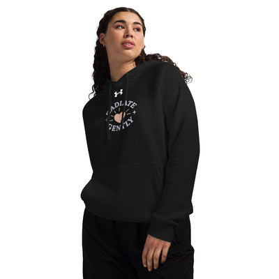 Model wearing a black Under Armour hoodie with a graphic design, showcasing a relaxed fit and front pouch pocket.