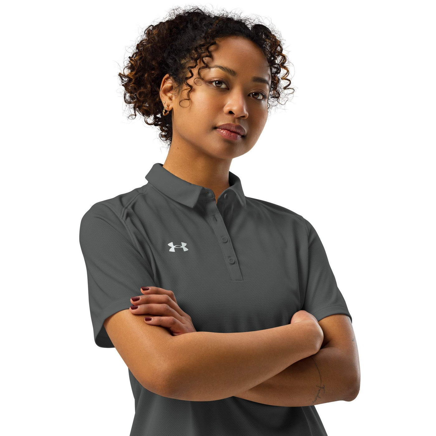 Under Armour® women’s polo with breathable fabric and anti-odor technology in dark gray color