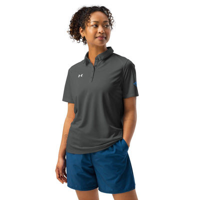 Under Armour women’s polo in dark gray with breathable, anti-odor fabric and relaxed fit