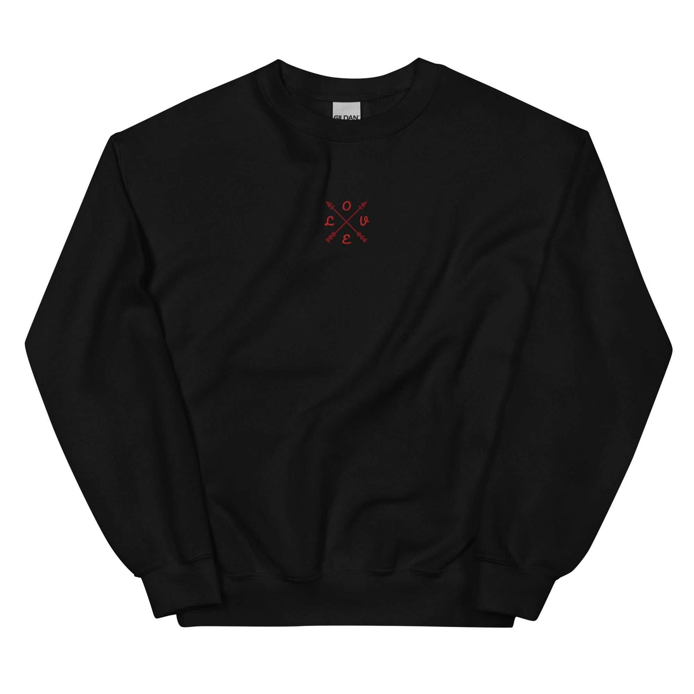 Unisex black classic fit sweatshirt with small red logo on chest, made of soft cotton-polyester blend.