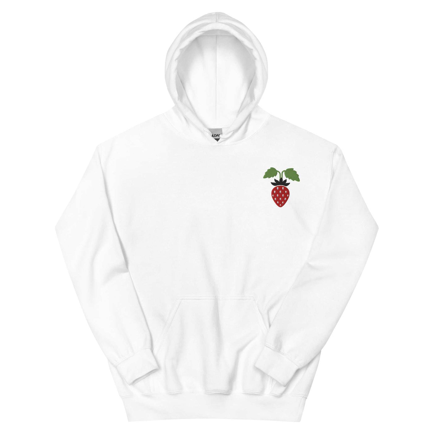 White unisex hoodie with strawberry graphic, soft cotton-polyester blend, front pouch pocket, and double-lined hood.