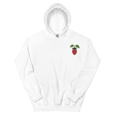 White unisex hoodie with strawberry graphic, soft cotton-polyester blend, front pouch pocket, and double-lined hood.
