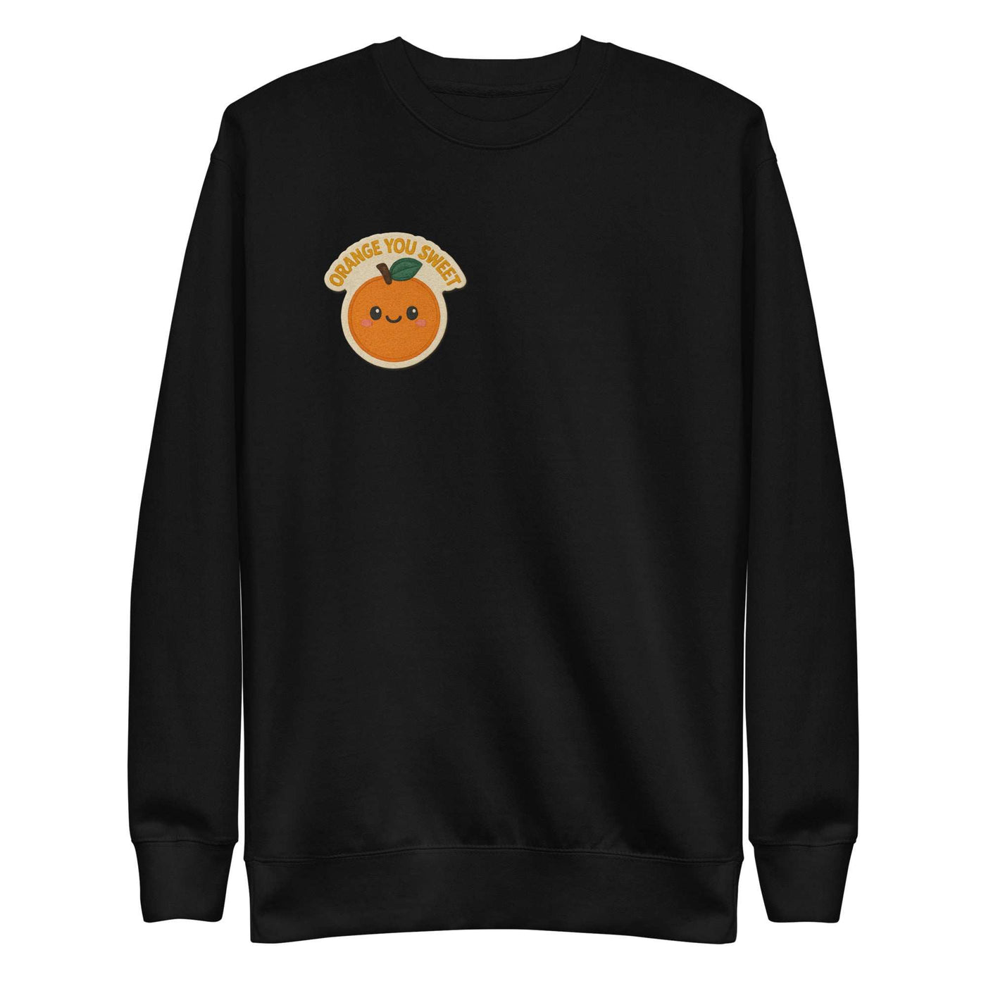 Black unisex premium sweatshirt with ribbed crew neck, long cuffs, flat hem, and cute orange graphic patch on chest.
