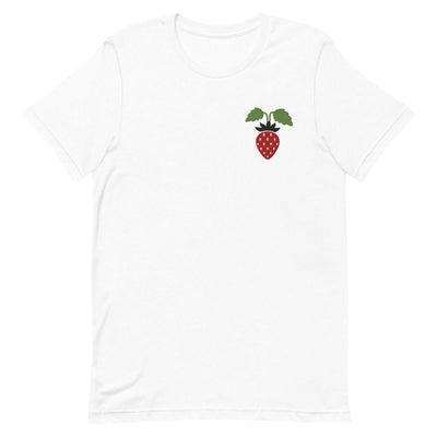 White unisex t-shirt with small strawberry graphic on chest made from soft combed cotton