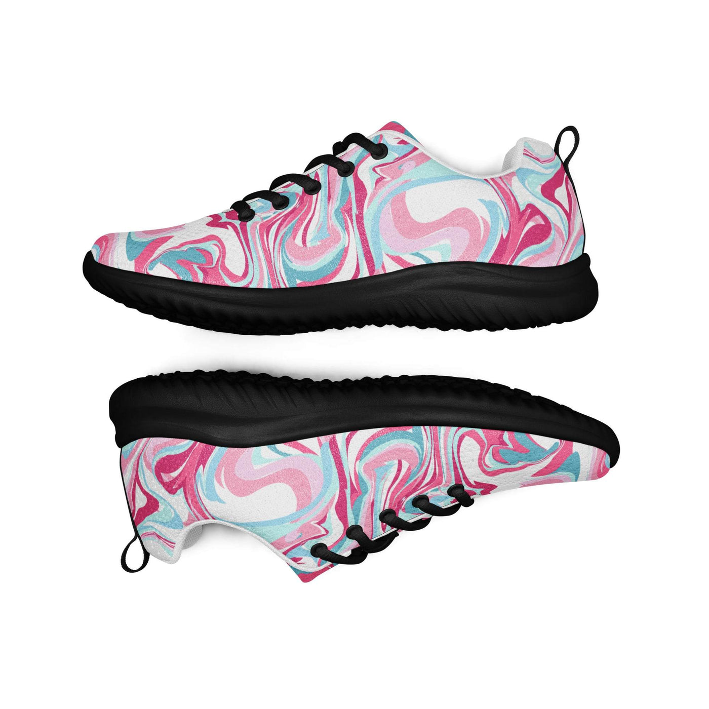 Lightweight women's athletic shoes with pink, blue, and white swirl pattern, breathable lining, padded collar, and black rubber outsole