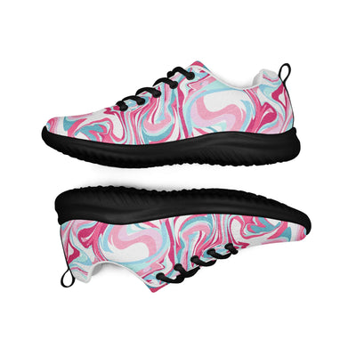Lightweight women's athletic shoes with pink, blue, and white swirl pattern, breathable lining, padded collar, and black rubber outsole