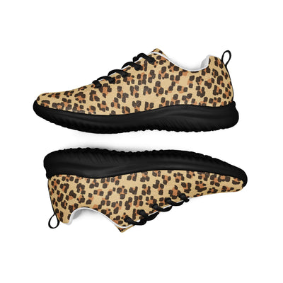 Women’s athletic shoes with leopard print design, breathable lining, padded collar, and black rubber outsole