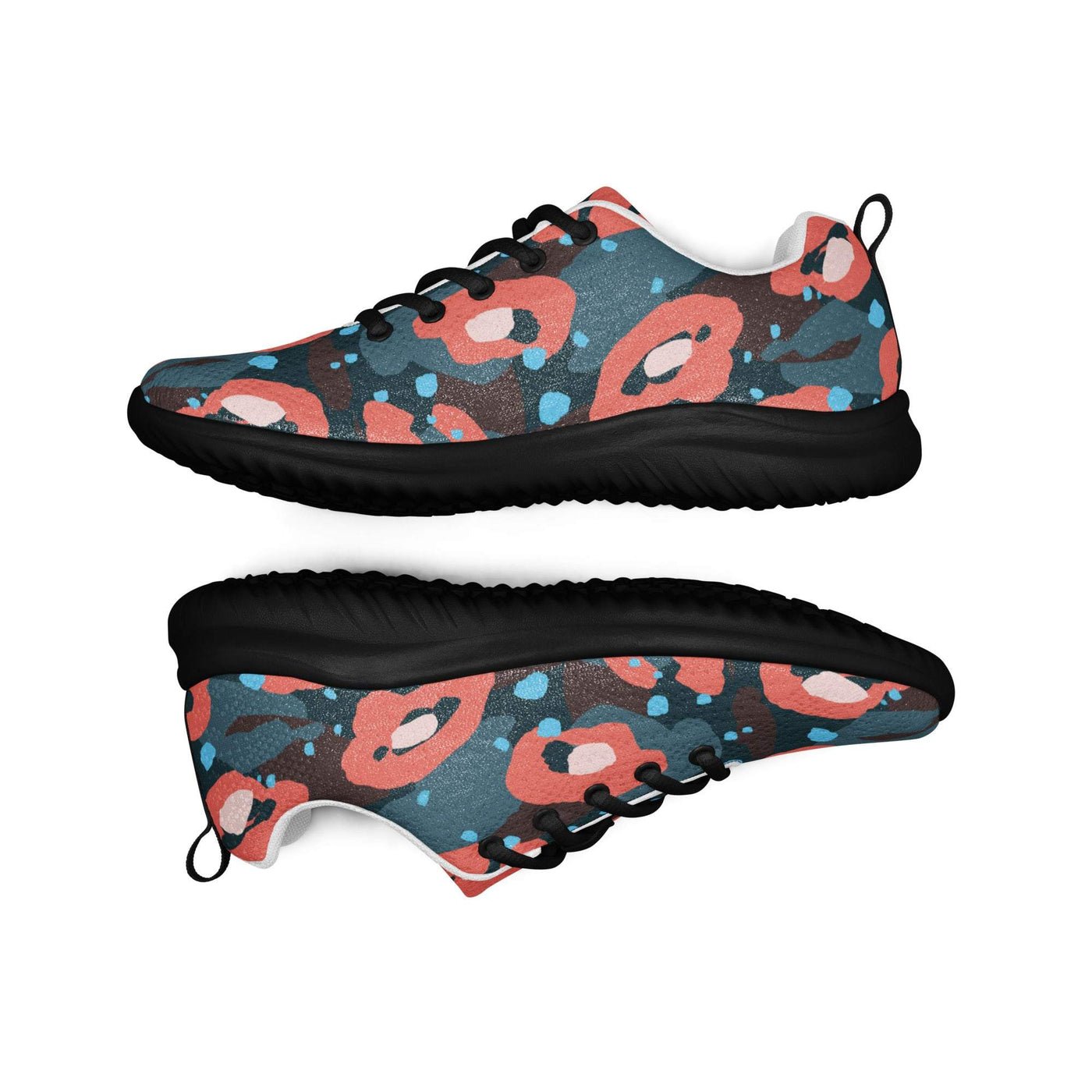 Women’s athletic shoes with vibrant abstract pattern, lightweight flyknit upper, black rubber outsole, and padded collar for comfort.