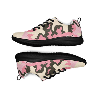 Women’s athletic shoes with pink and beige camo pattern, breathable lining, padded collar, and black rubber outsole