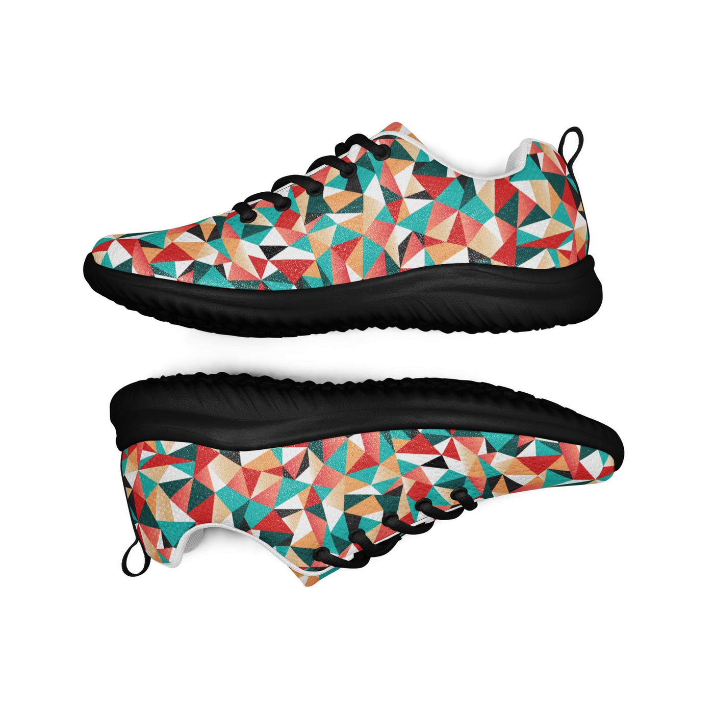 Women’s athletic shoes with colorful geometric pattern, lightweight ultralight flyknit upper, black EVA rubber outsole, breathable lining, and lace-up front.