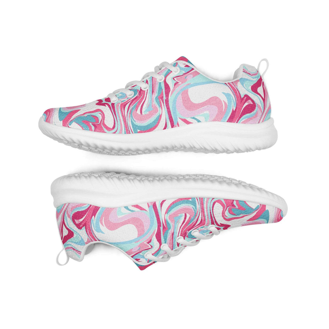 Lightweight women’s athletic shoes with colorful pink, blue, and white swirl design, breathable lining, padded collar, and EVA rubber outsole.