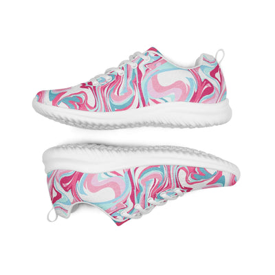 Lightweight women’s athletic shoes with colorful pink, blue, and white swirl design, breathable lining, padded collar, and EVA rubber outsole.