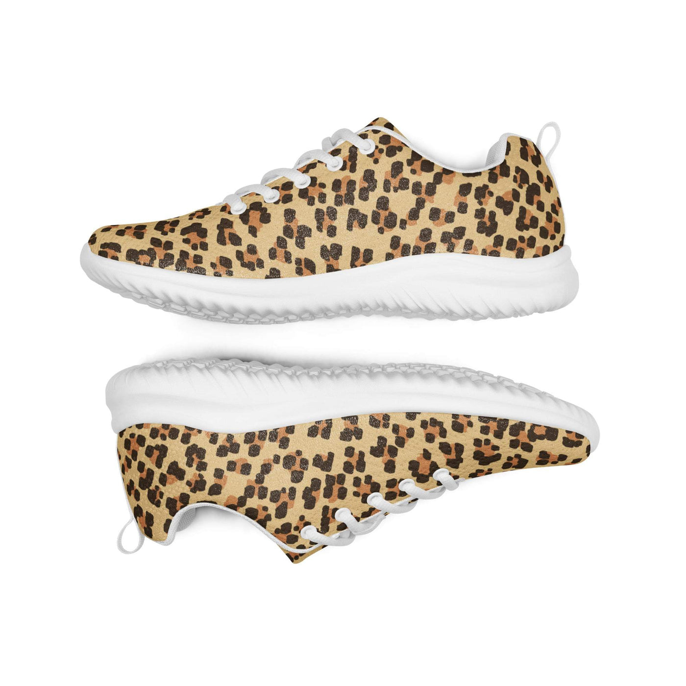 Women’s athletic shoes with leopard print, lightweight flyknit upper, breathable lining, padded collar, and white rubber outsole.