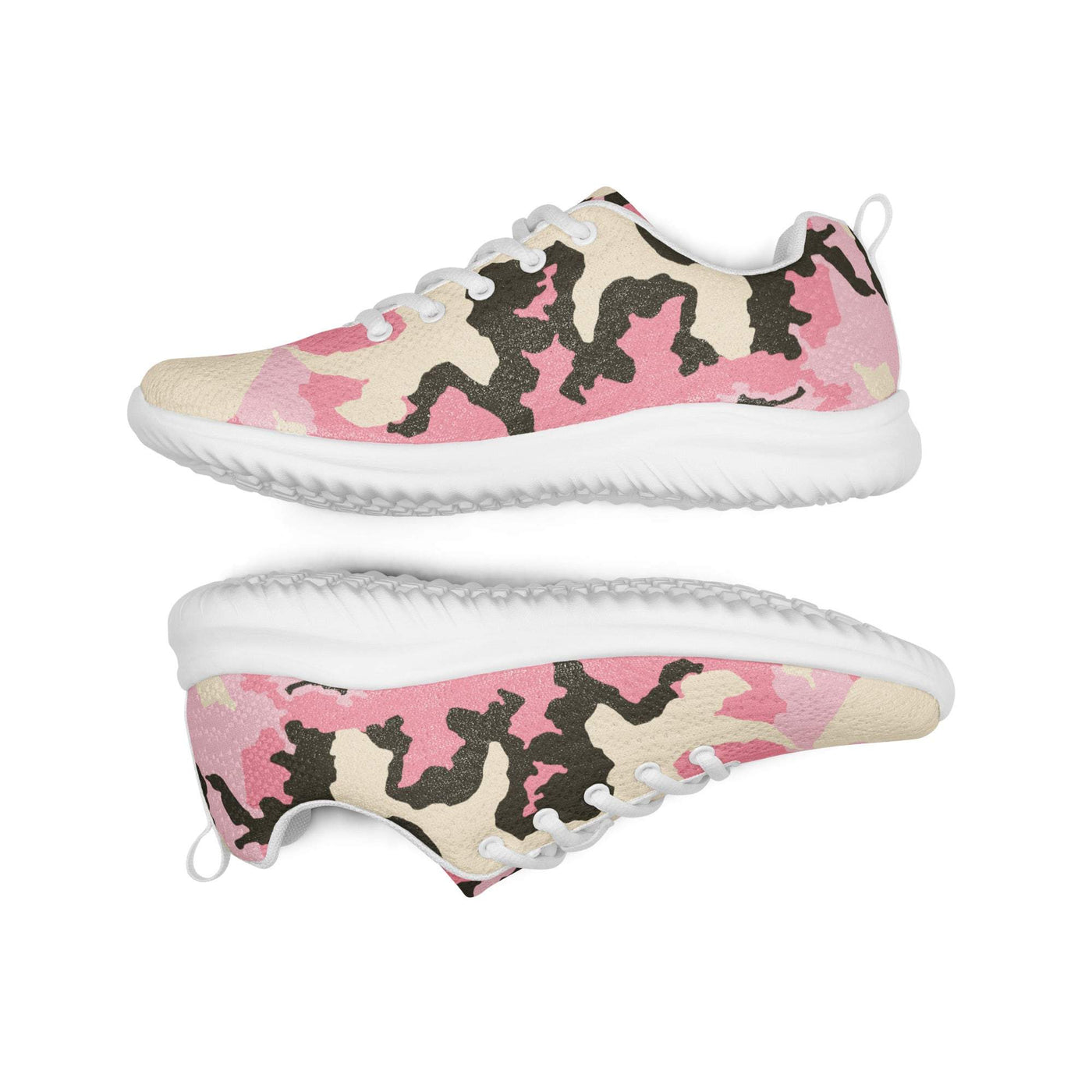 Women's athletic shoes with pink and beige camouflage print, lightweight flyknit upper, white padded collar, and rubber outsole.