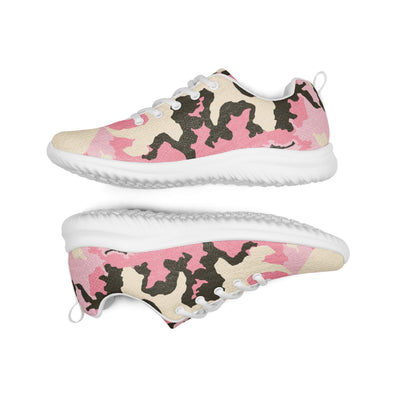 Women's athletic shoes with pink and beige camouflage print, lightweight flyknit upper, white padded collar, and rubber outsole.