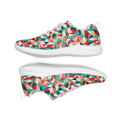 Colorful geometric patterned women's athletic shoes with lightweight white soles and lace-up design