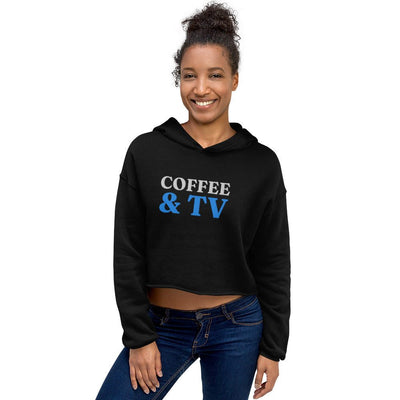 Woman wearing black crop hoodie with "COFFEE & TV" text and raw hem