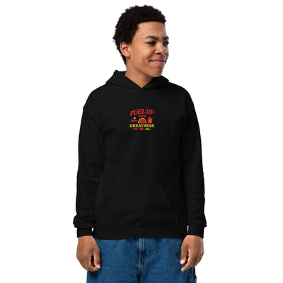 Youth heavy blend hoodie on child model, black with front pouch pocket and "Fuel Up for Greatness" text, comfortable and durable design