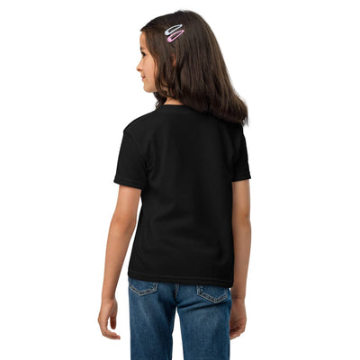 Back view of a girl wearing a black moisture-wicking youth t-shirt with a modern classic fit and ribbed collar