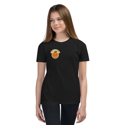 youth short sleeve t-shirt in black with cute orange graphic and relaxed unisex fit worn by girl model