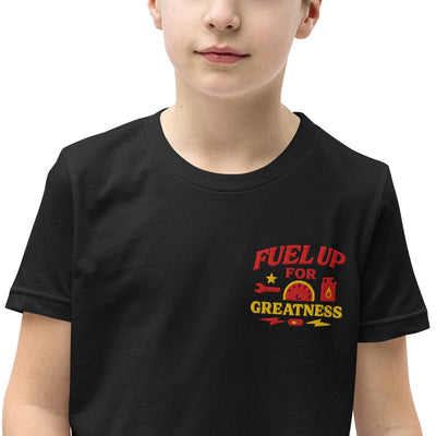 Youth short sleeve t-shirt in black with "Fuel Up for Greatness" graphic design, lightweight and soft fabric, relaxed unisex fit.